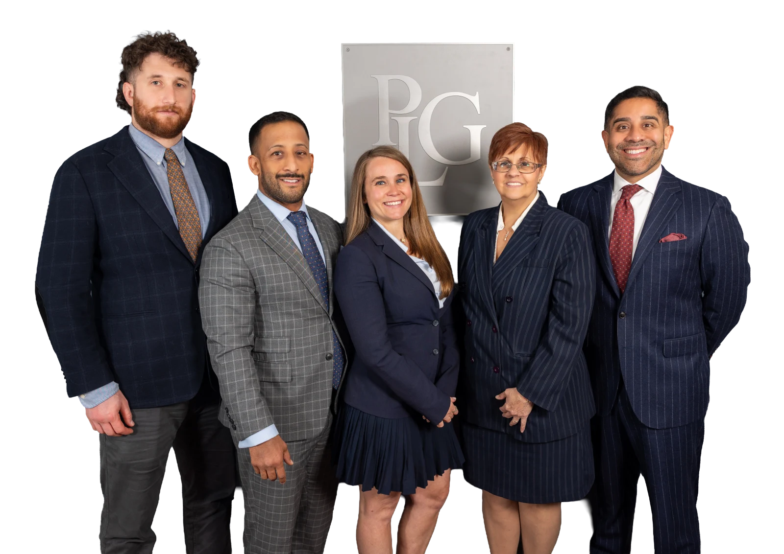 Palacios Law Group team portrait — five attorneys standing in front of the PLG signage